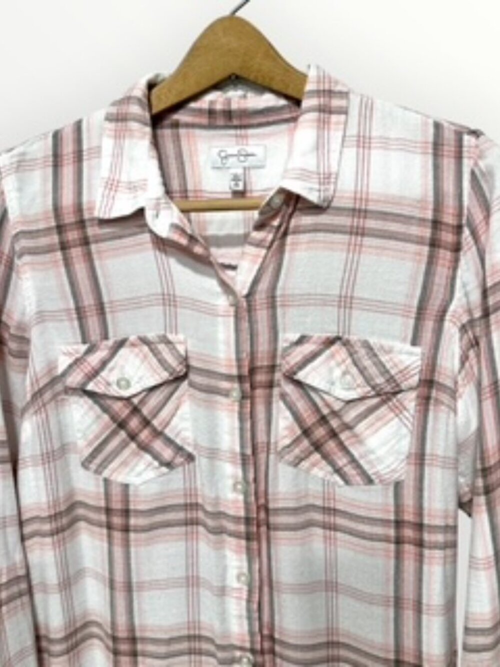 Jessica Simpson Womens Plaid Button-Up Shirt Long Sleeve Pink Multicolor Size L - Picture 2 of 15
